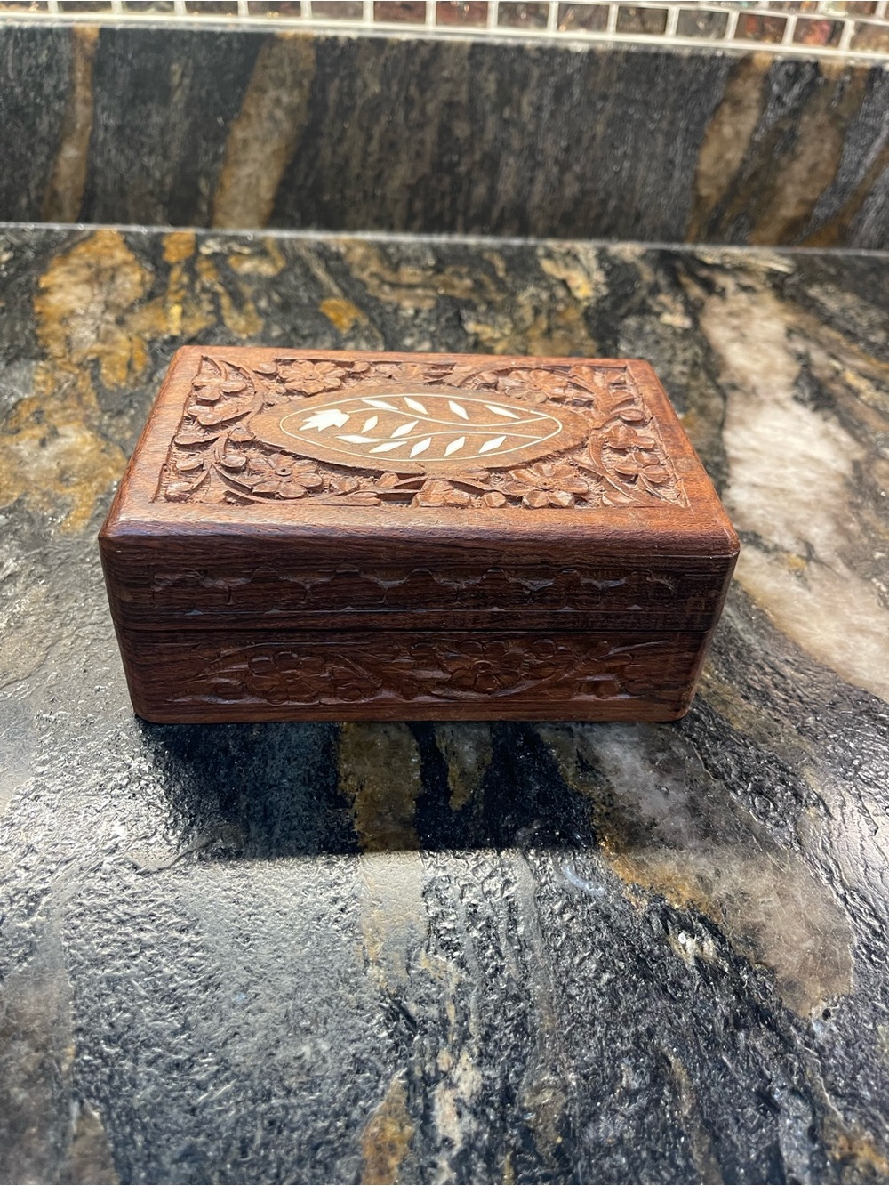 Hand-Carved Wooden Decorative Trinket Box with Inlay - Brown
